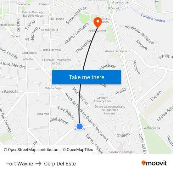 Fort Wayne to Cerp Del Este map