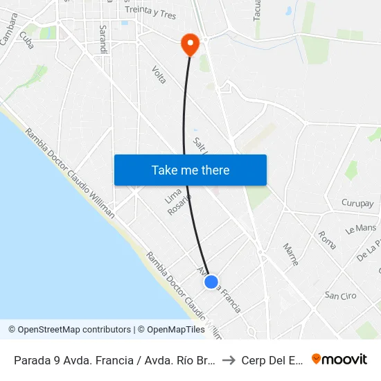 Parada 9 Avda. Francia / Avda. Río Branco to Cerp Del Este map