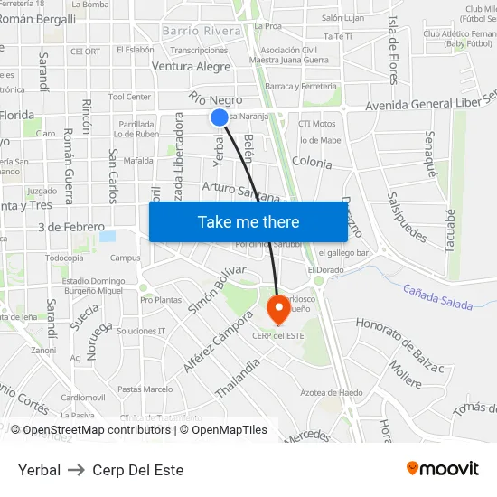 Yerbal to Cerp Del Este map