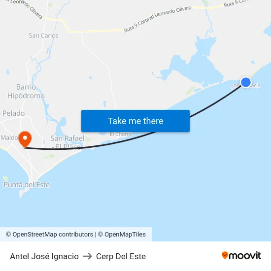 Antel José Ignacio to Cerp Del Este map