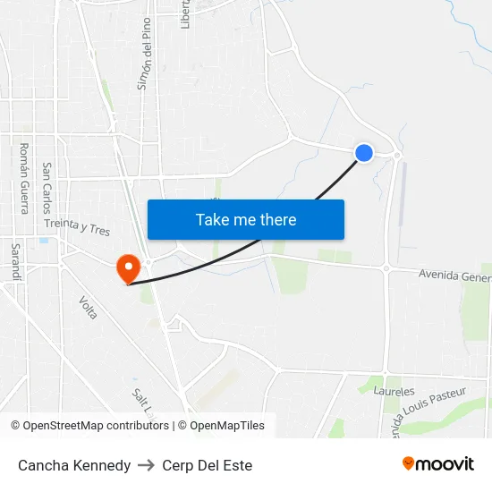 Cancha Kennedy to Cerp Del Este map