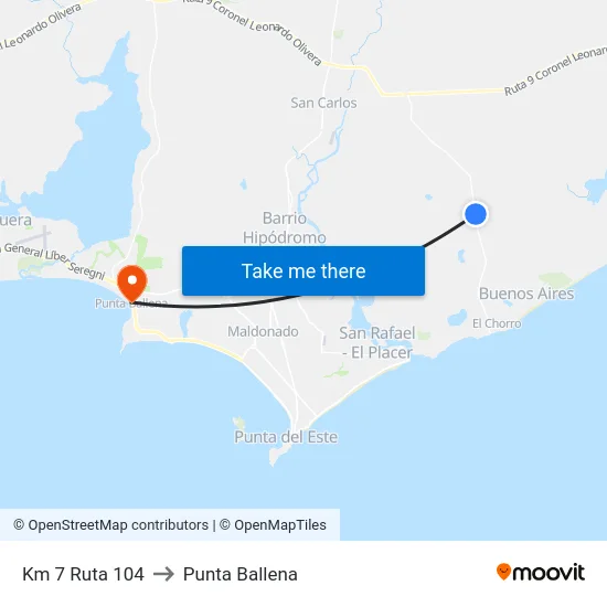Km 7 Ruta 104 to Punta Ballena map