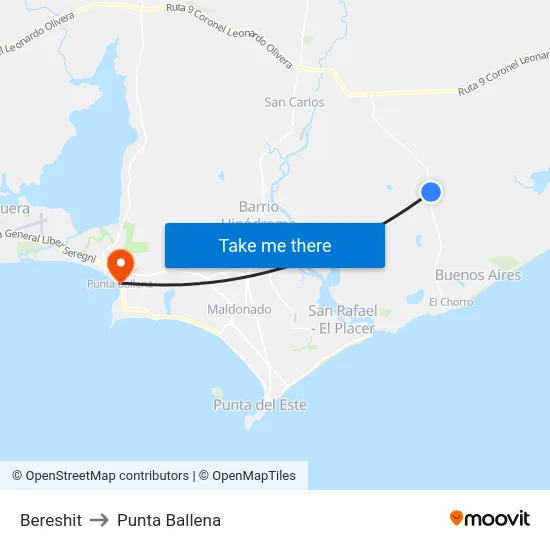 Bereshit to Punta Ballena map
