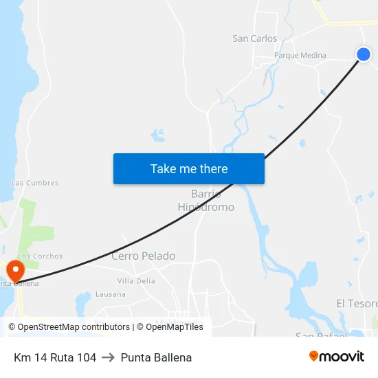 Km 14 Ruta 104 to Punta Ballena map
