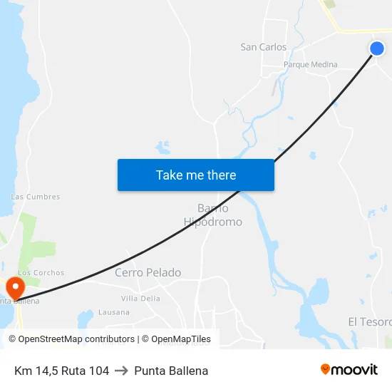 Km 14,5 Ruta 104 to Punta Ballena map
