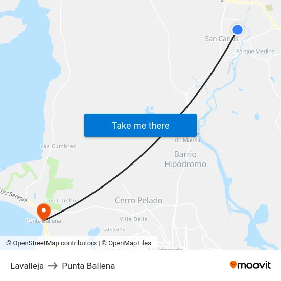 Lavalleja to Punta Ballena map