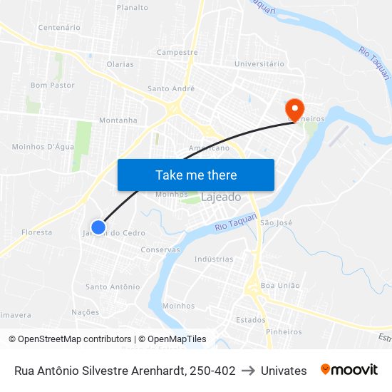 Rua Antônio Silvestre Arenhardt, 250-402 to Univates map