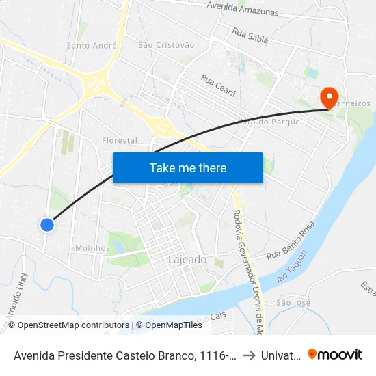 Avenida Presidente Castelo Branco, 1116-1216 to Univates map