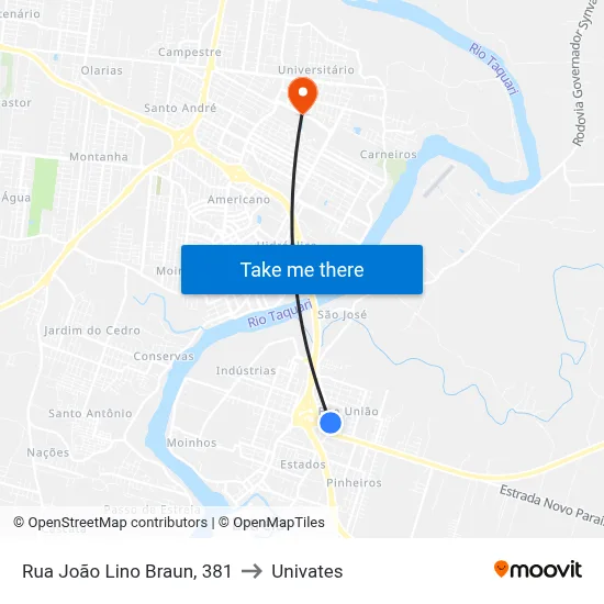 Rua João Lino Braun, 381 to Univates map