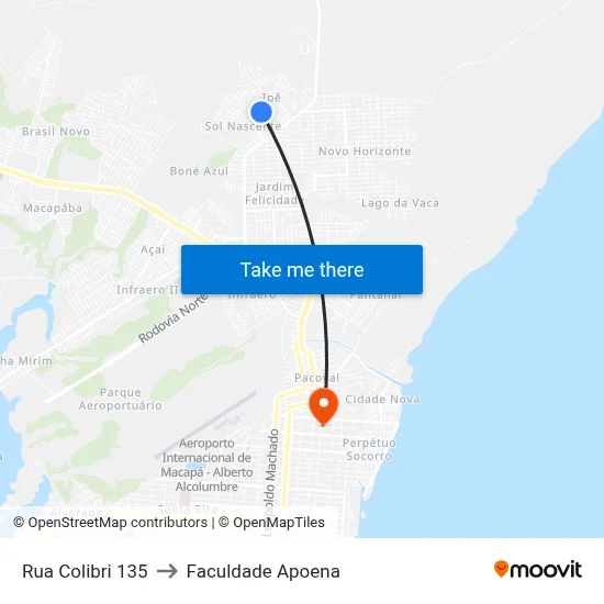 Rua Colibri 135 to Faculdade Apoena map
