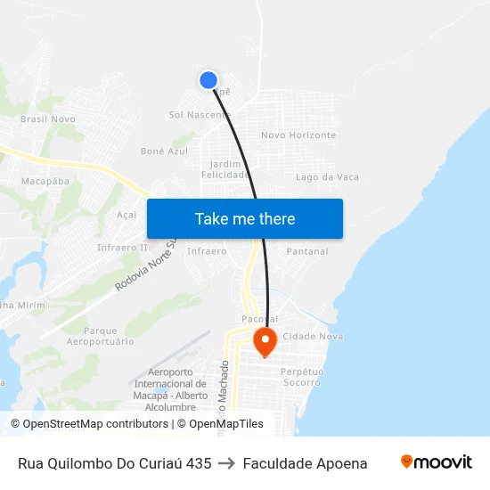 Rua Quilombo Do Curiaú 435 to Faculdade Apoena map