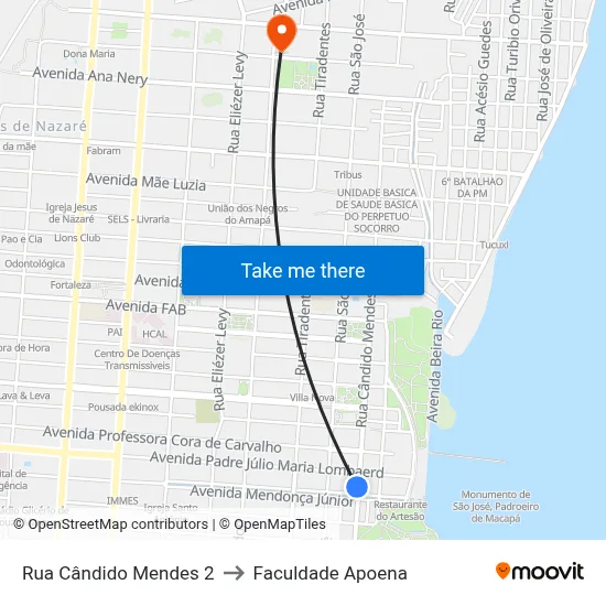 Rua Cândido Mendes 2 to Faculdade Apoena map