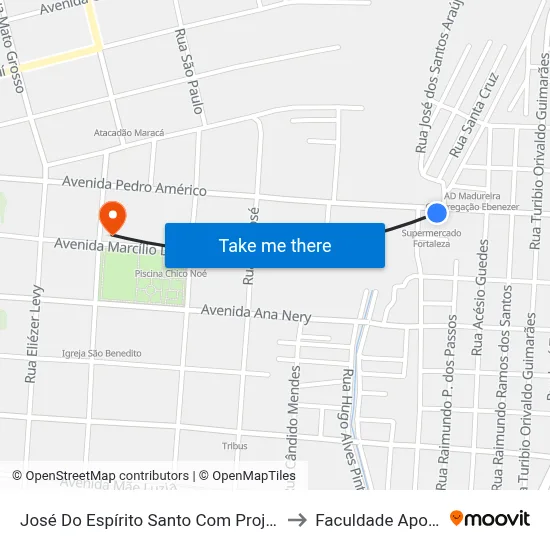 José Do Espírito Santo Com Projetada to Faculdade Apoena map