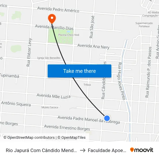 Rio Japurá Com Cândido Mendes to Faculdade Apoena map