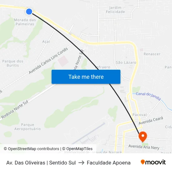 Av. Das Oliveiras | Sentido Sul to Faculdade Apoena map