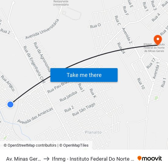 Av. Minas Gerais, 850 to Ifnmg - Instituto Federal Do Norte De Minas Gerais map
