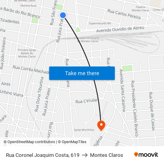 Rua Coronel Joaquim Costa, 619 to Montes Claros map