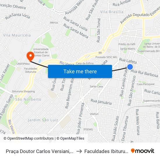 Praça Doutor Carlos Versiani, 51 to Faculdades Ibituruna map