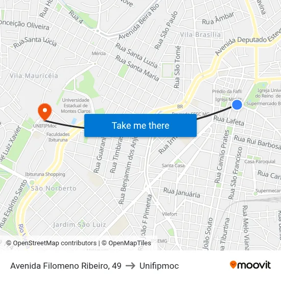 Avenida Filomeno Ribeiro, 49 to Unifipmoc map