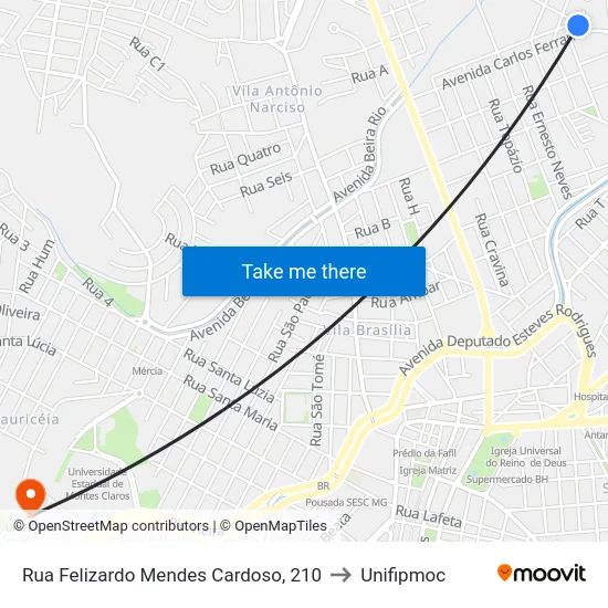 Rua Felizardo Mendes Cardoso, 210 to Unifipmoc map