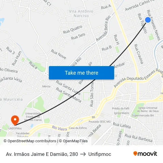 Av. Irmãos Jaime E Damião, 280 to Unifipmoc map