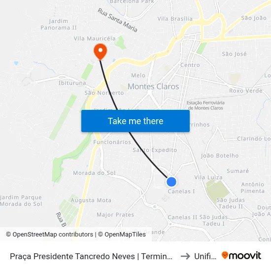 Praça Presidente Tancredo Neves | Terminal Rodoviário - Linhas Urbanas to Unifipmoc map