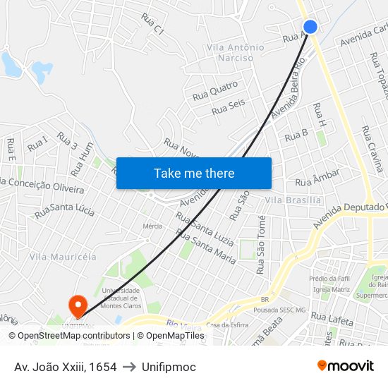 Av. João Xxiii, 1654 to Unifipmoc map