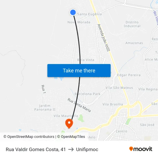 Rua Valdir Gomes Costa, 41 to Unifipmoc map
