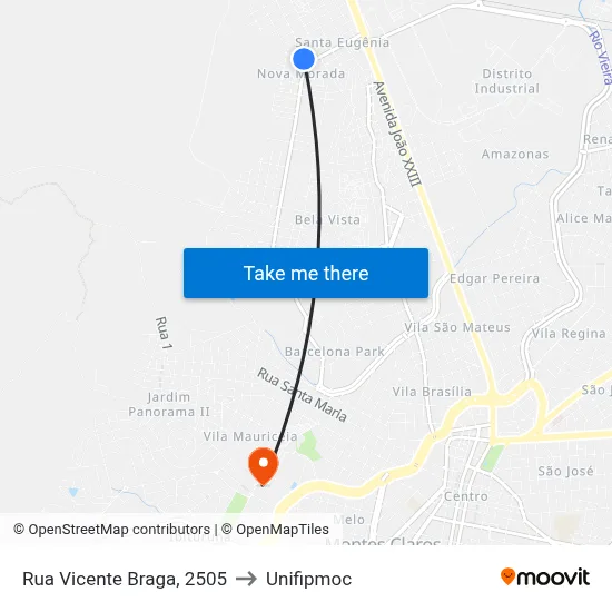 Rua Vicente Braga, 2505 to Unifipmoc map