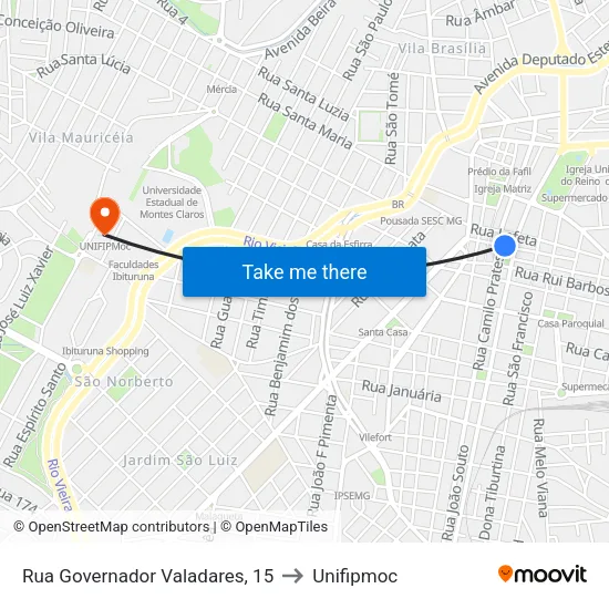 Rua Governador Valadares, 15 to Unifipmoc map