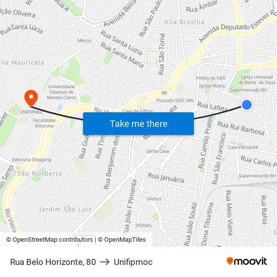Rua Belo Horizonte, 80 to Unifipmoc map