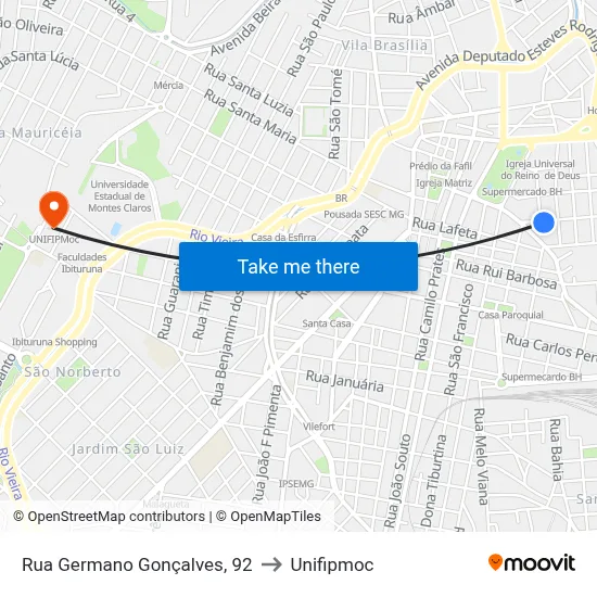 Rua Germano Gonçalves, 92 to Unifipmoc map