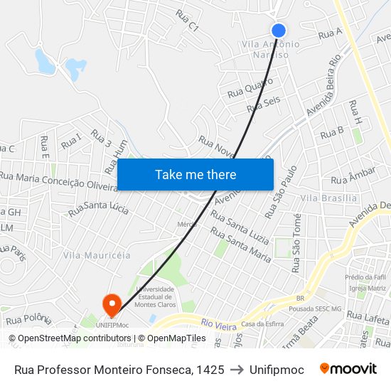 Rua Professor Monteiro Fonseca, 1425 to Unifipmoc map