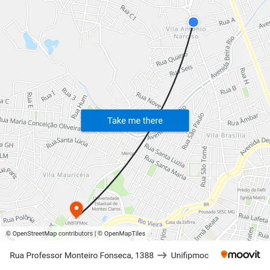 Rua Professor Monteiro Fonseca, 1388 to Unifipmoc map