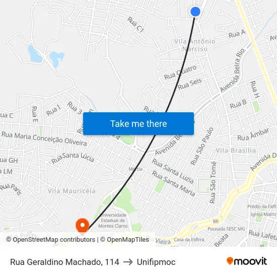 Rua Geraldino Machado, 114 to Unifipmoc map