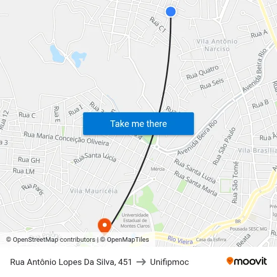 Rua Antônio Lopes Da Silva, 451 to Unifipmoc map
