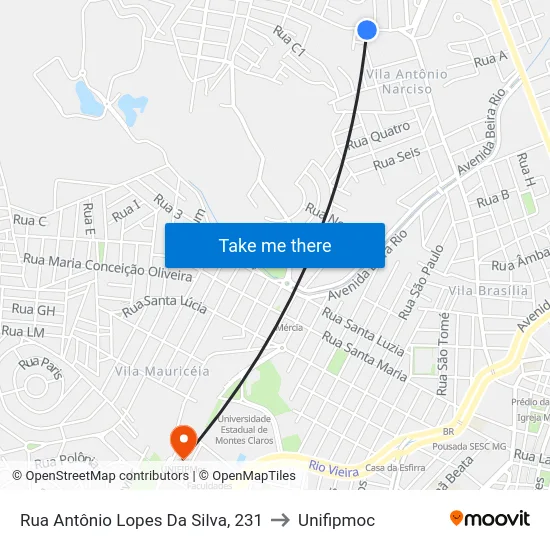 Rua Antônio Lopes Da Silva, 231 to Unifipmoc map