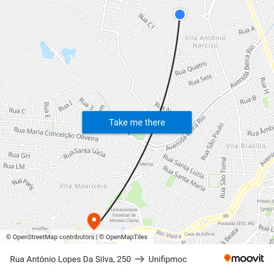 Rua Antônio Lopes Da Silva, 250 to Unifipmoc map