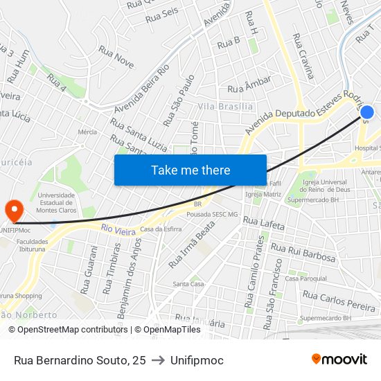 Rua Bernardino Souto, 25 to Unifipmoc map