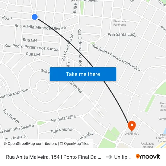 Rua Anita Malveira, 154 | Ponto Final Da Vila Oliveira to Unifipmoc map