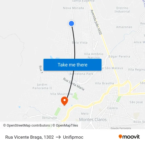 Rua Vicente Braga, 1302 to Unifipmoc map