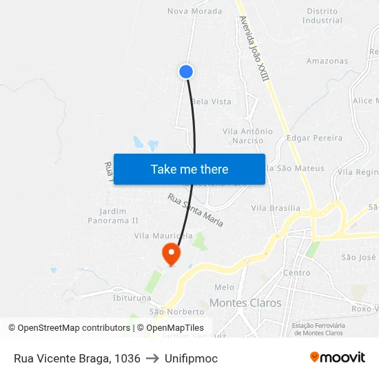 Rua Vicente Braga, 1036 to Unifipmoc map