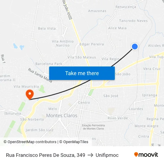 Rua Francisco Peres De Souza, 349 to Unifipmoc map