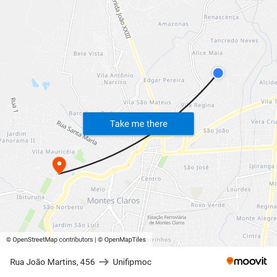 Rua João Martins, 456 to Unifipmoc map