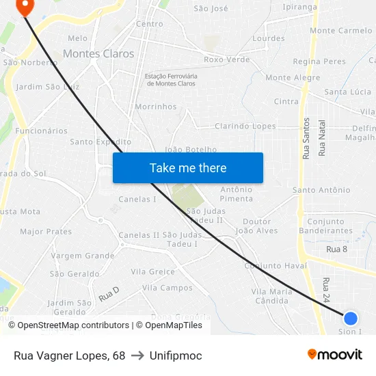 Rua Vagner Lopes, 68 to Unifipmoc map