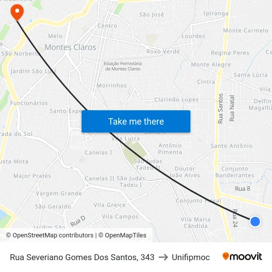 Rua Severiano Gomes Dos Santos, 343 to Unifipmoc map