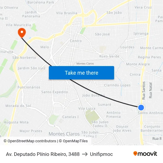 Av. Deputado Plínio Ribeiro, 3488 to Unifipmoc map