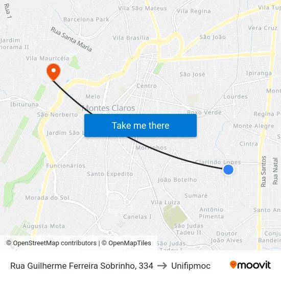 Rua Guilherme Ferreira Sobrinho, 334 to Unifipmoc map