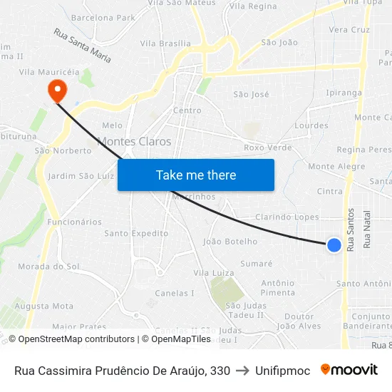 Rua Cassimira Prudêncio De Araújo, 330 to Unifipmoc map