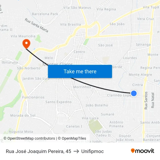 Rua José Joaquim Pereira, 45 to Unifipmoc map